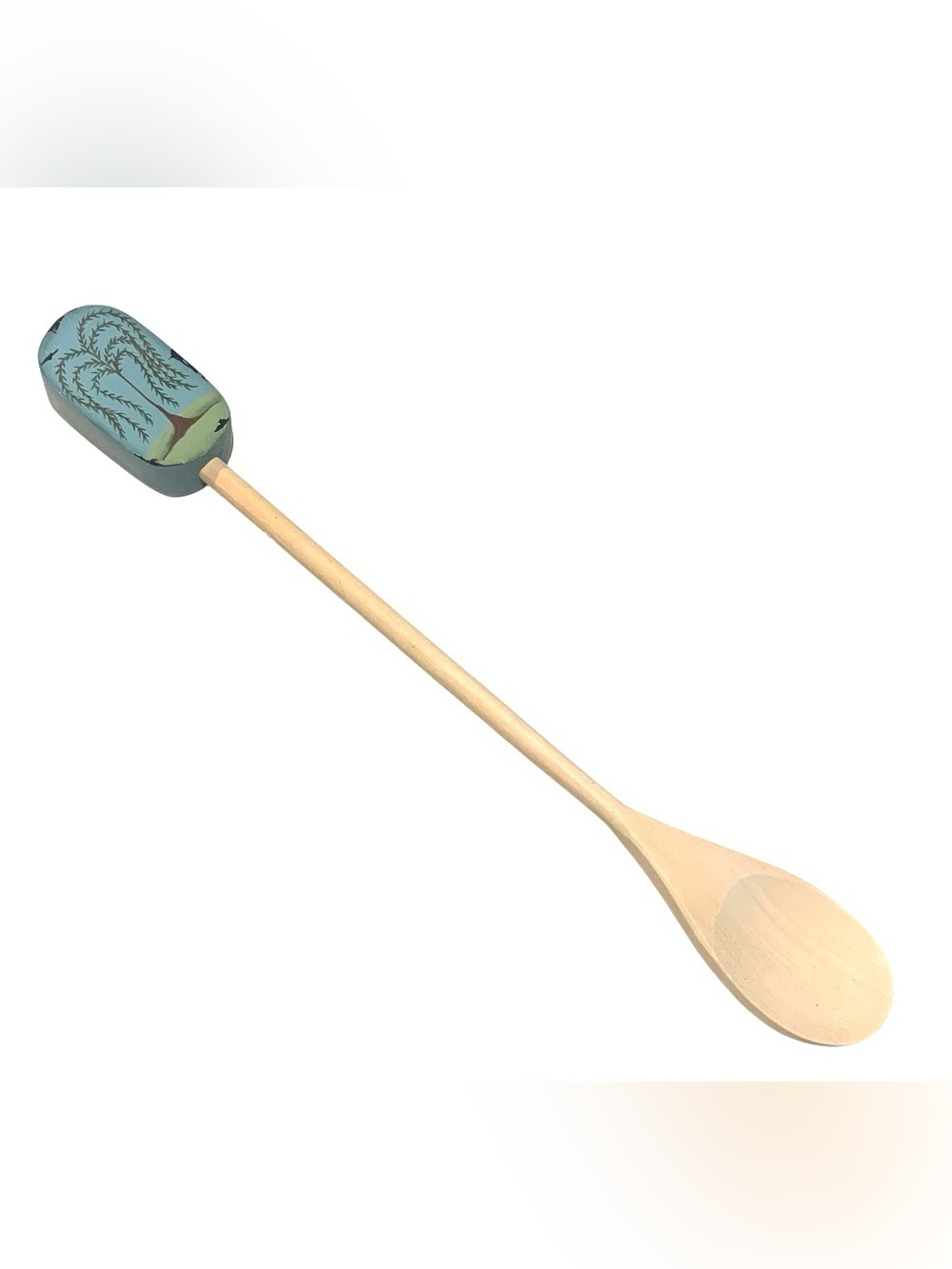 Primitive Folk Art Hand Painted Wooden Spoon Weeping Willow Blue Green New